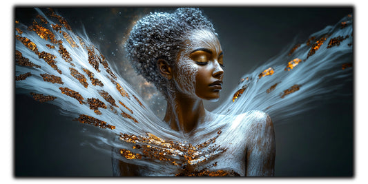 Portret feminin lunar cu aripi de lumină albă și fulgi aurii pe fond albastru nocturn – tablou pe sticlă securizată Beyond | Art Zen