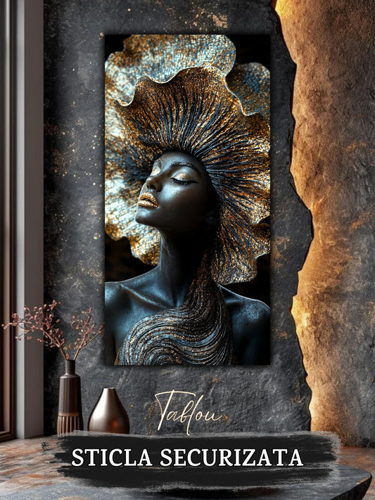 Tablou vertical Golden Ascent într-un living modern