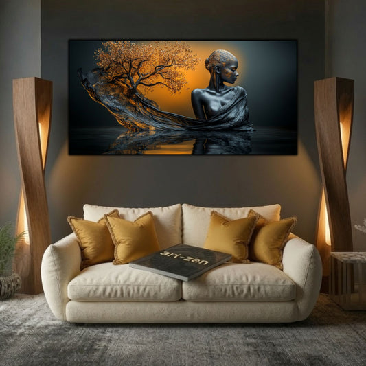 Tablouri moderne living Arborele Apusului Interior deasupra unei canapele crem, cu perne aurii și lumină ambientală.