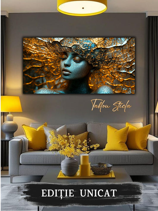 Tablou living Amber Awakening într-un dormitor modern cu iluminare caldă