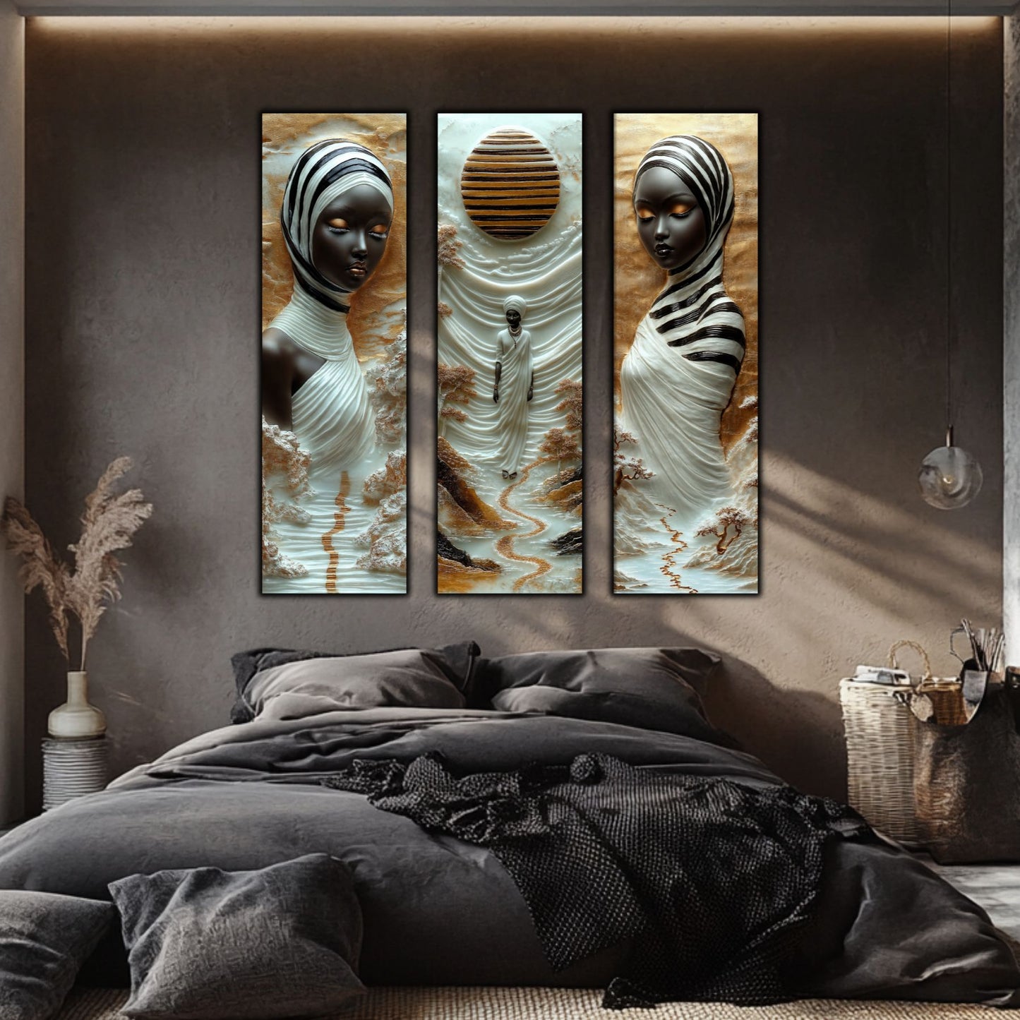Set Tablouri pt Decorul Elegant al Livingului - 3 Tablouri pe Sticla - Veil of Serenity NO01