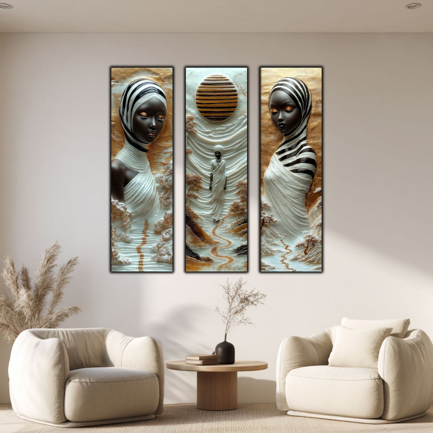 Set Tablouri pt Decorul Elegant al Livingului - 3 Tablouri pe Sticla - Veil of Serenity NO01