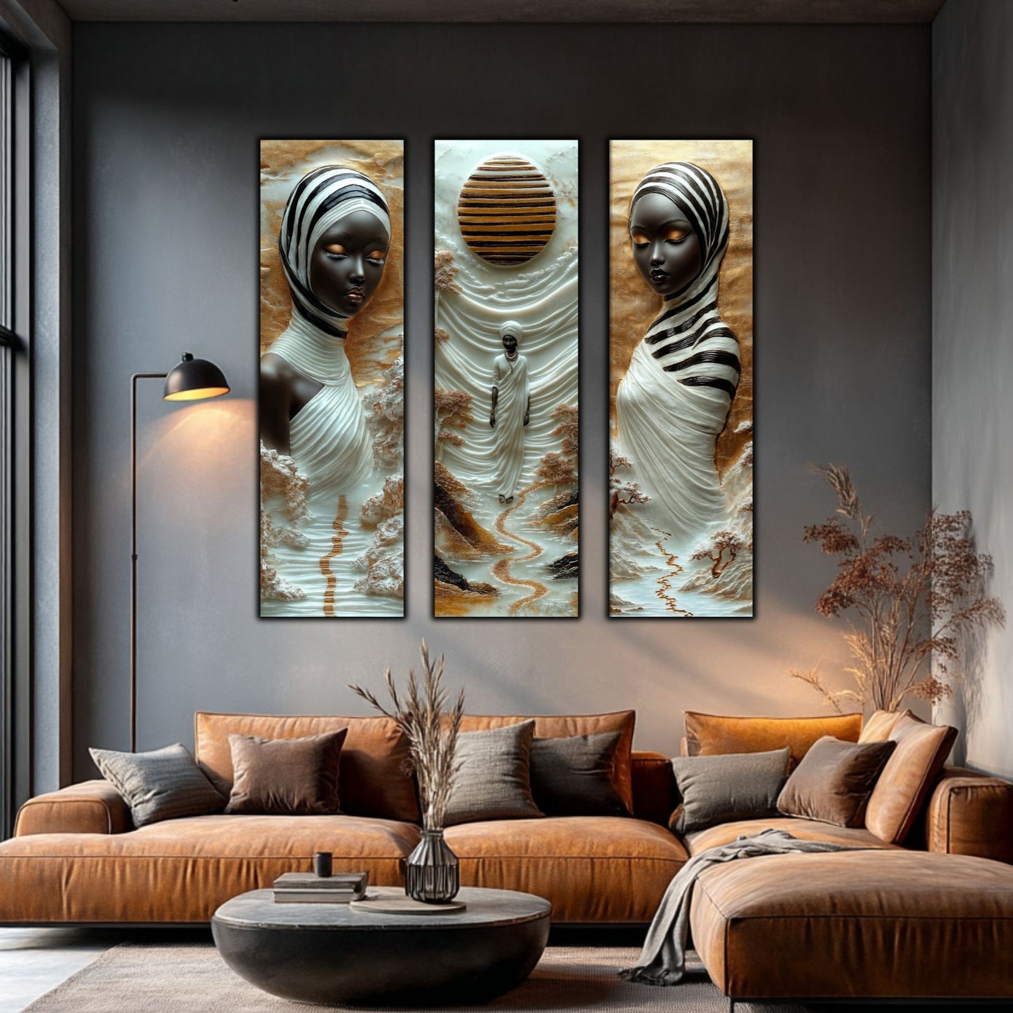 Set Tablouri pt Decorul Elegant al Livingului - 3 Tablouri pe Sticla - Veil of Serenity NO01