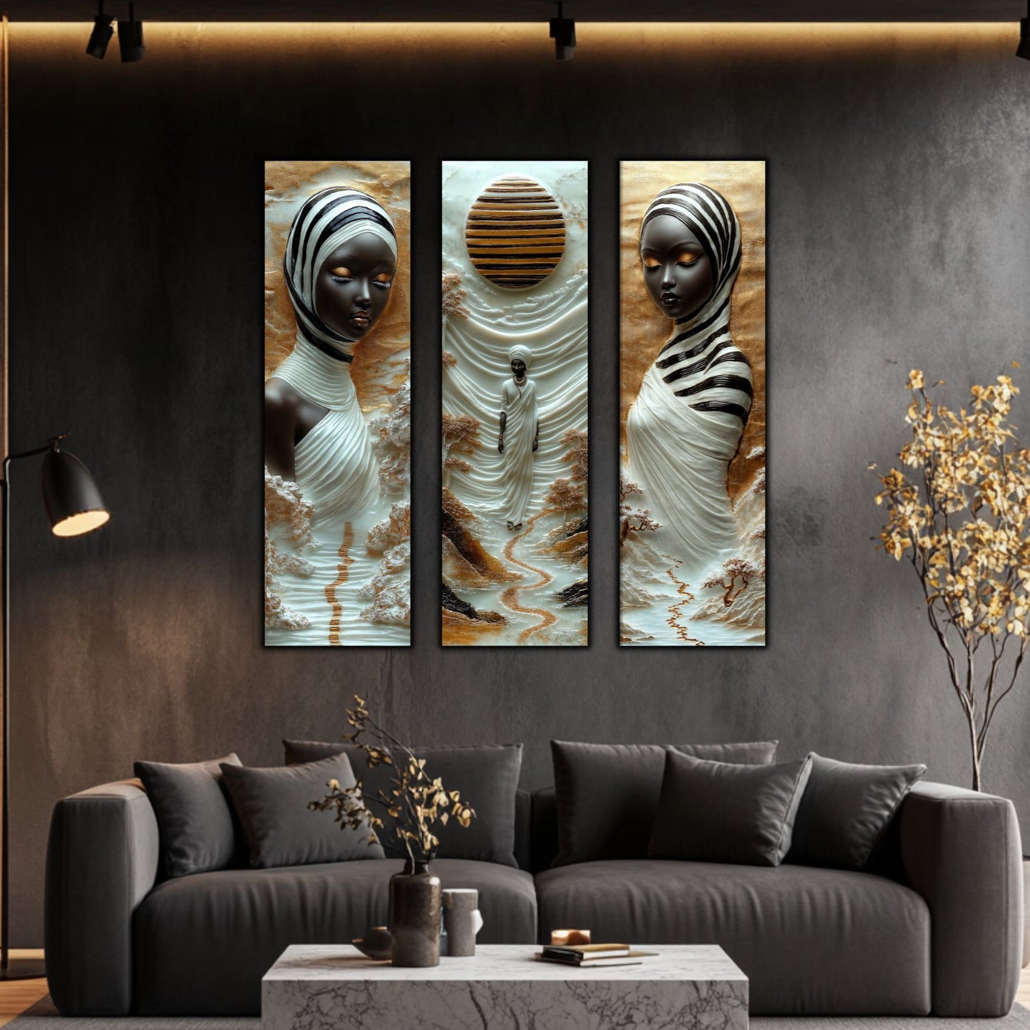 Set Tablouri pt Decorul Elegant al Livingului - 3 Tablouri pe Sticla - Veil of Serenity NO01