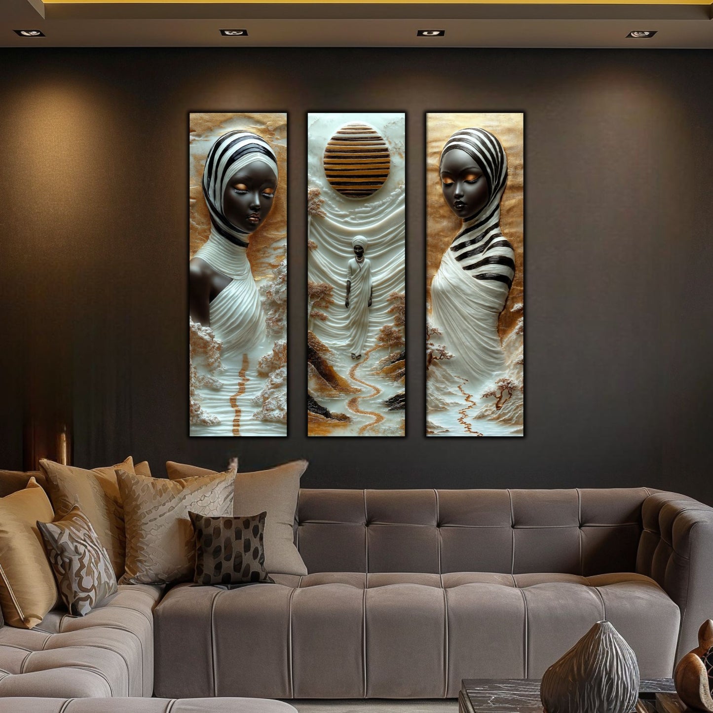 Set Tablouri pt Decorul Elegant al Livingului - 3 Tablouri pe Sticla - Veil of Serenity NO01