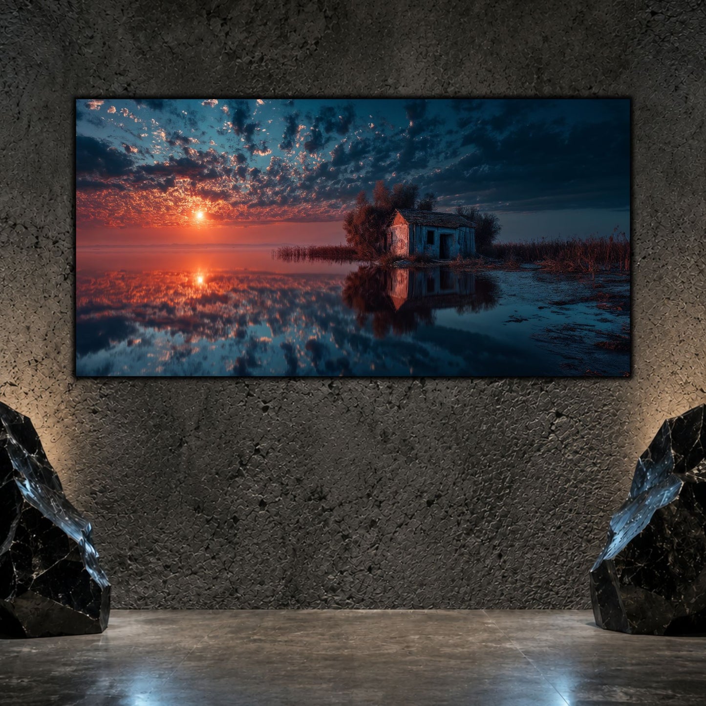 Tablouri Living Sticlă – House at Waterline | The Light We Encounter