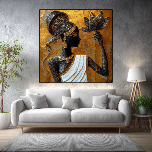 Tablou living Lotus Current într-un living elegant, cu accente aurii și materiale naturale.