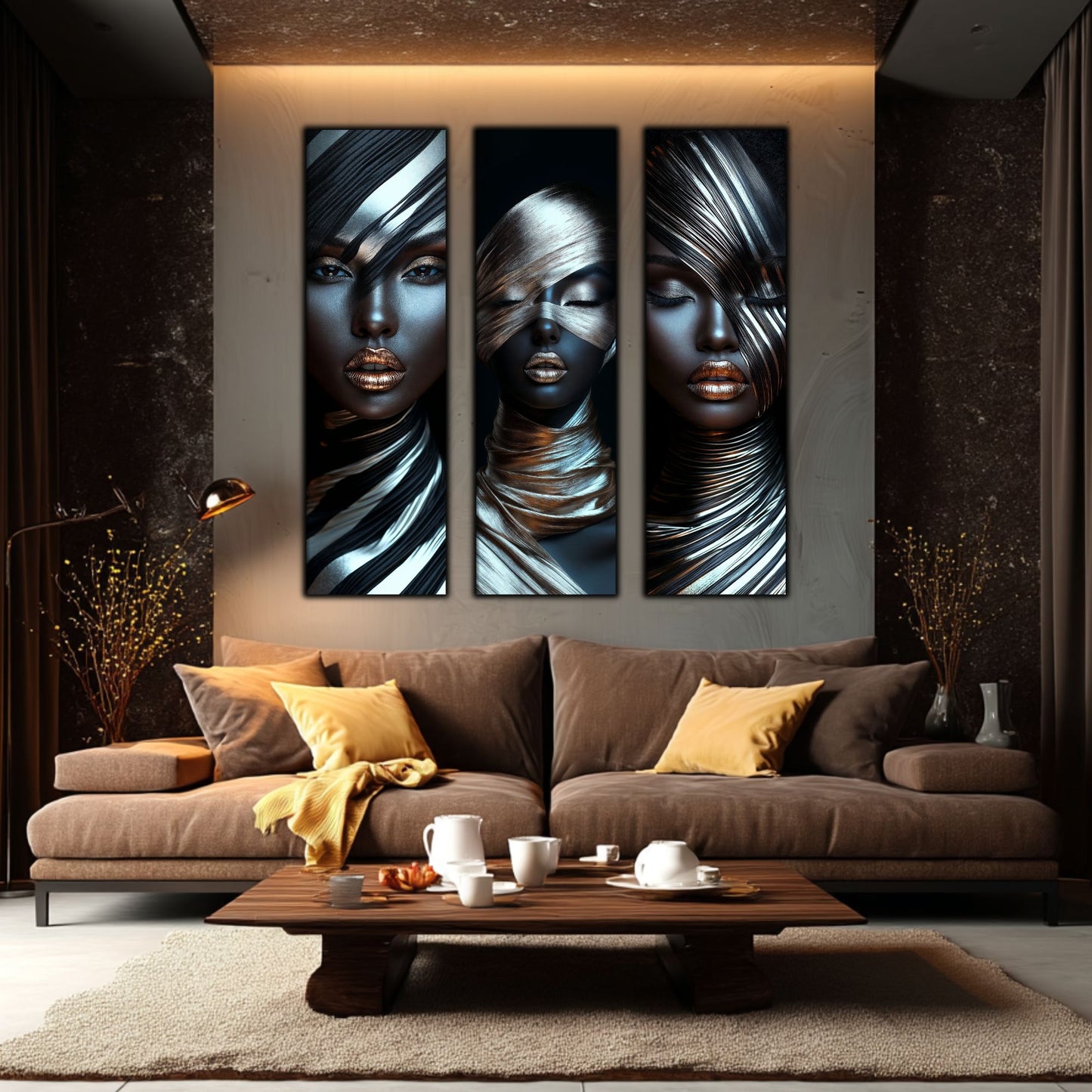 Set 3 Tablouri Decorative pt Living - Print UV pe Sticla - „Silken Silence”