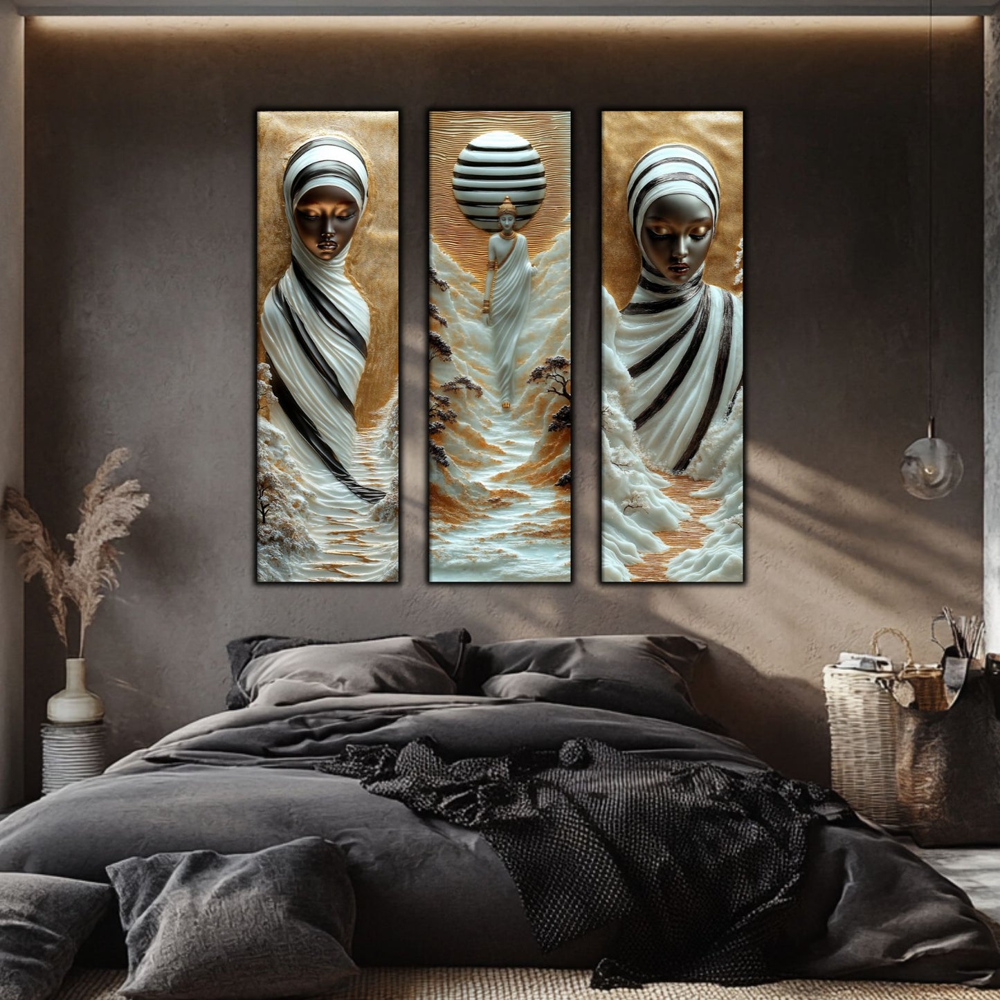Set Tablouri pt Decorul Elegant al Livingului - 3 Tablouri pe Sticla - Veil of Serenity NO02