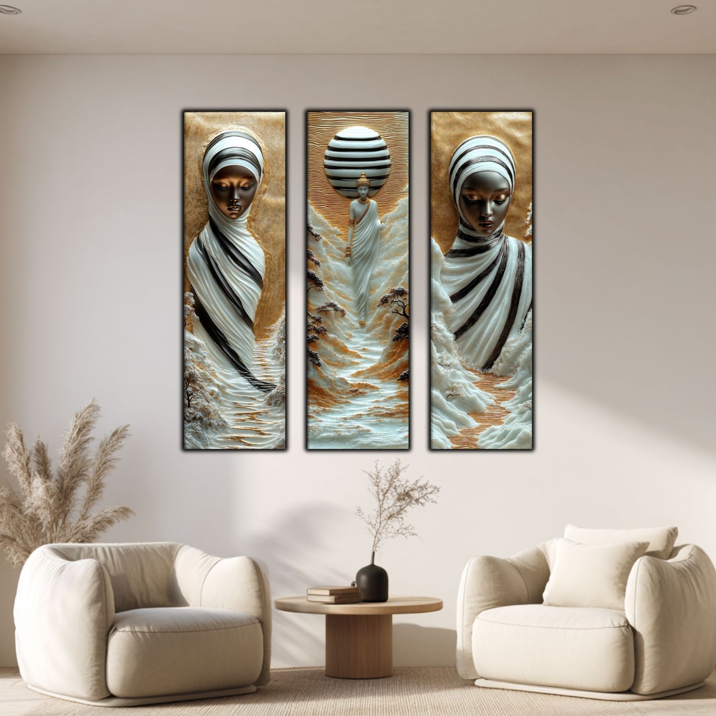 Set Tablouri pt Decorul Elegant al Livingului - 3 Tablouri pe Sticla - Veil of Serenity NO02