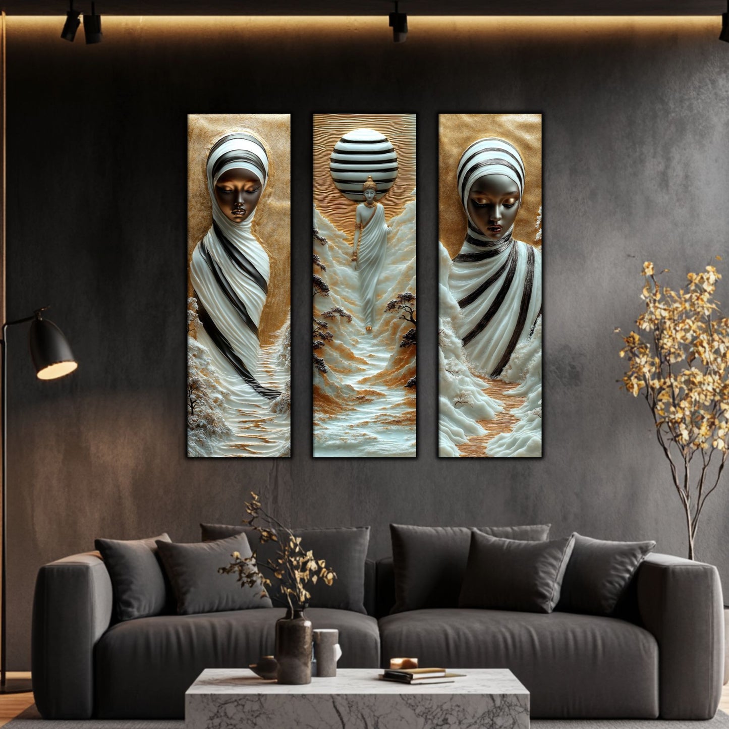 Set Tablouri pt Decorul Elegant al Livingului - 3 Tablouri pe Sticla - Veil of Serenity NO02