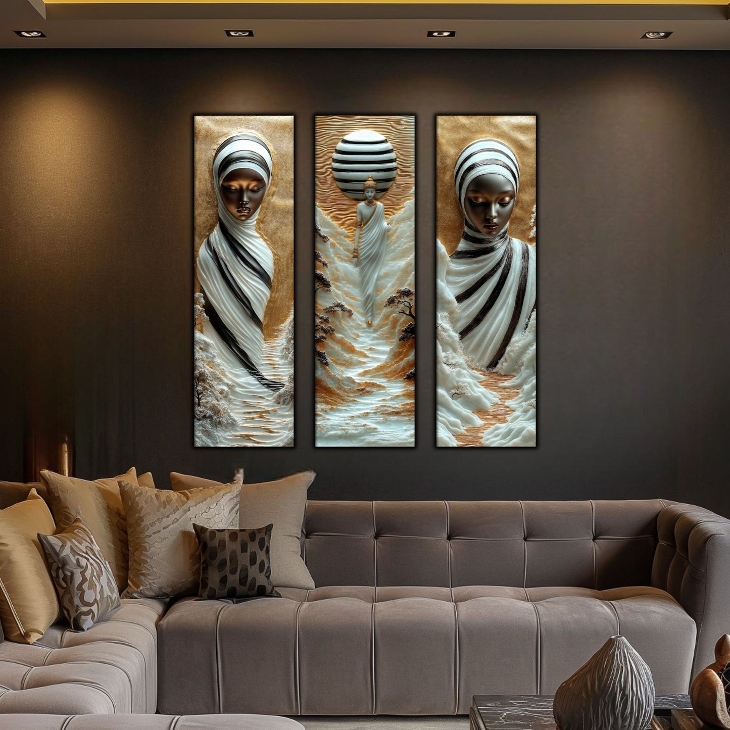 Set Tablouri pt Decorul Elegant al Livingului - 3 Tablouri pe Sticla - Veil of Serenity NO02