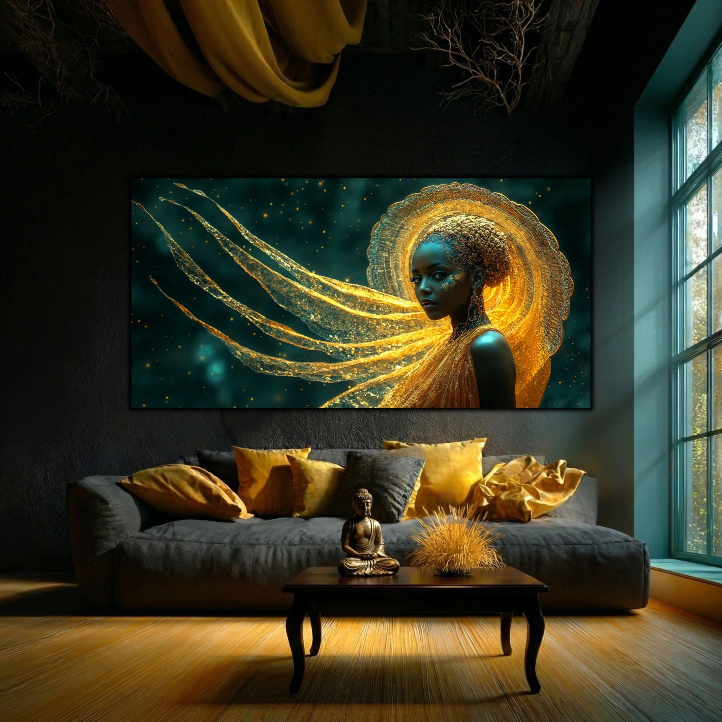 Tablou Abstract Modern „Aura de Aur” – Decor Perete Living pe Sticlă