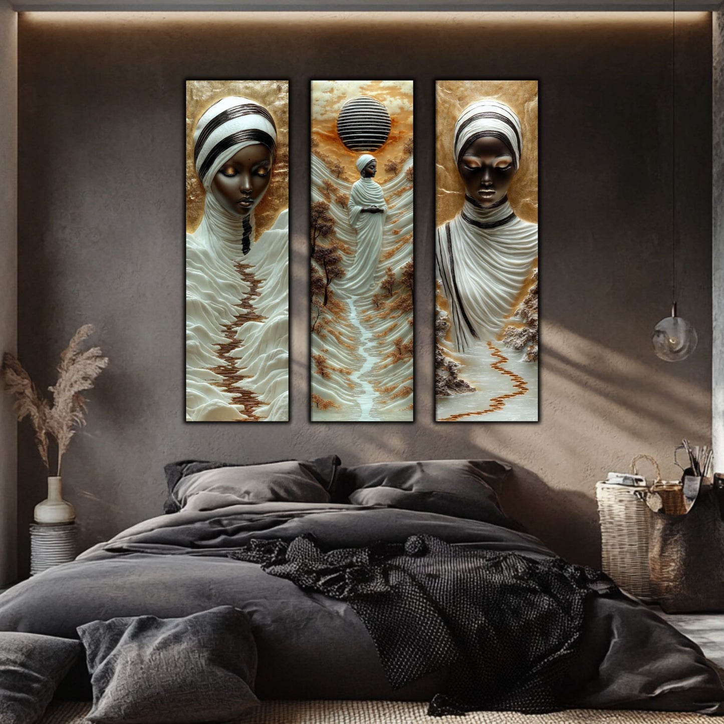Set Tablouri pt Decorul Elegant al Livingului - 3 Tablouri pe Sticla - Veil of Serenity NO09