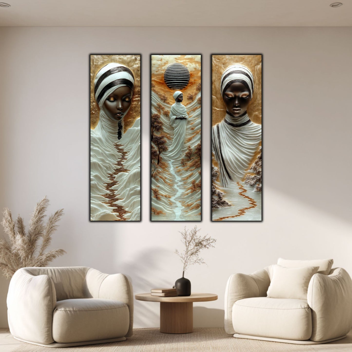 Set Tablouri pt Decorul Elegant al Livingului - 3 Tablouri pe Sticla - Veil of Serenity NO09