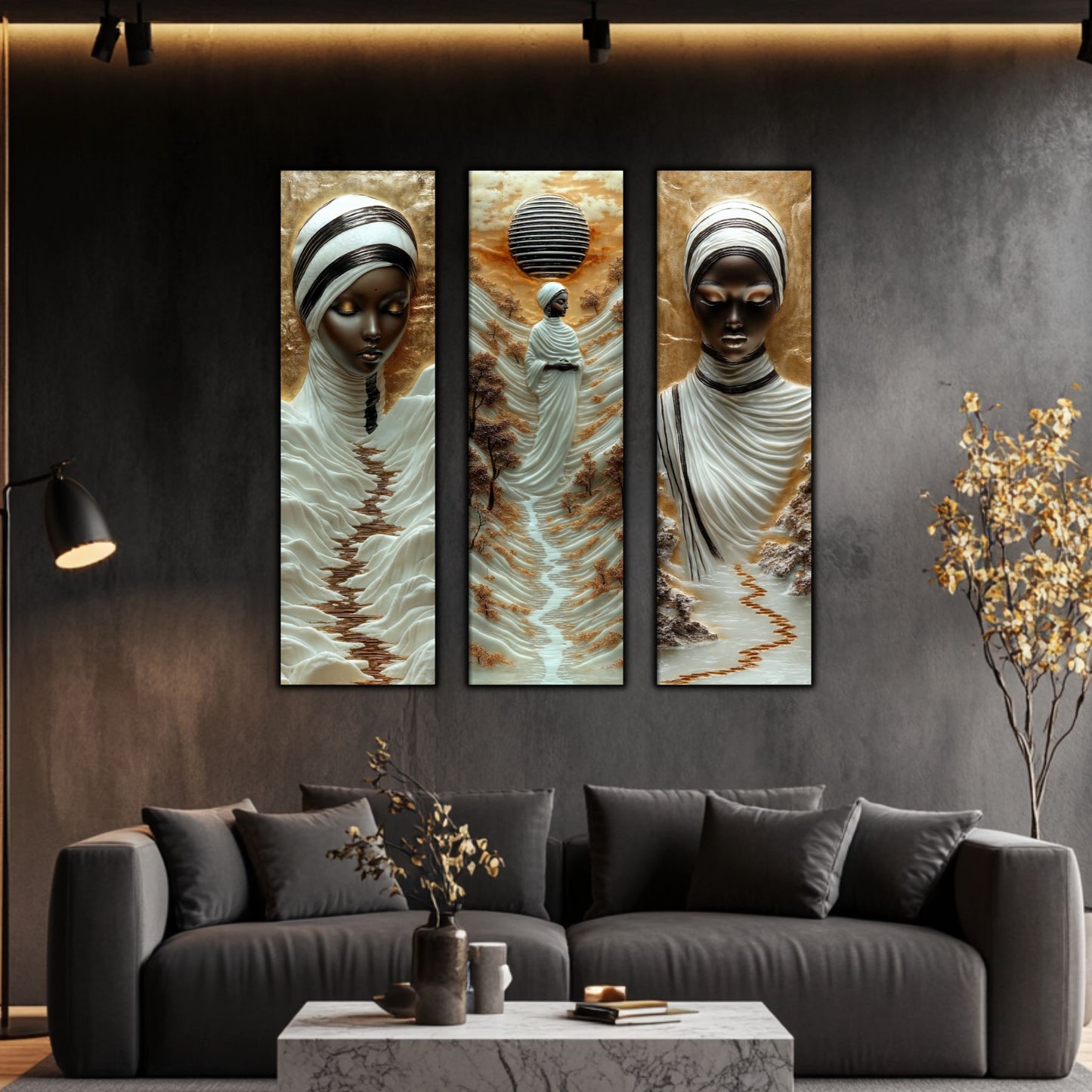 Set Tablouri pt Decorul Elegant al Livingului - 3 Tablouri pe Sticla - Veil of Serenity NO09