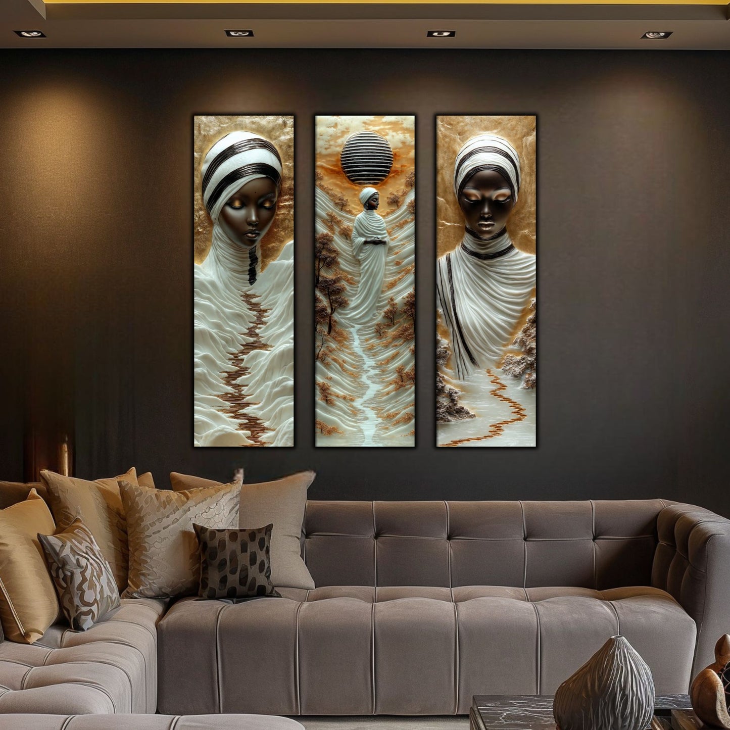 Set Tablouri pt Decorul Elegant al Livingului - 3 Tablouri pe Sticla - Veil of Serenity NO09