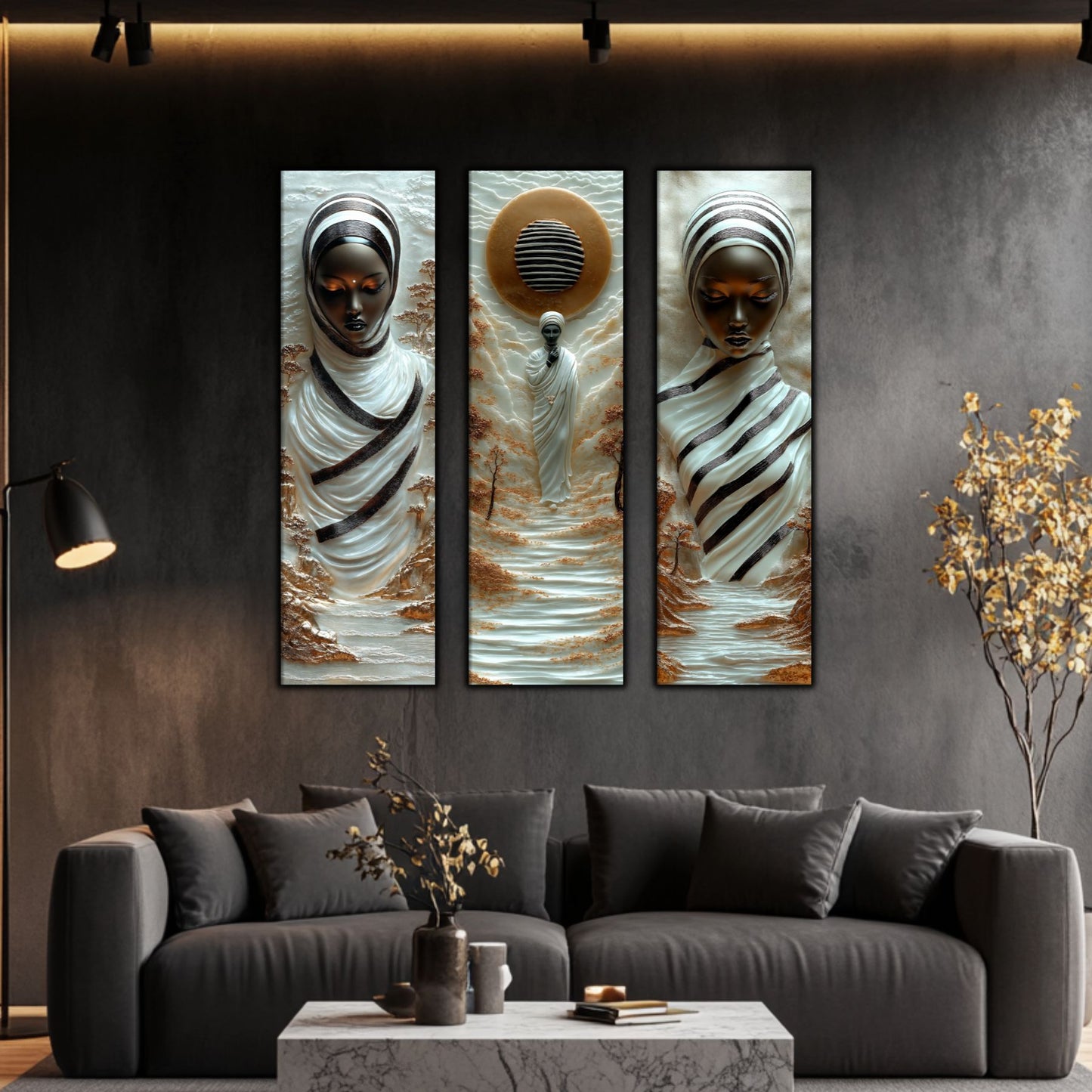 Set Tablouri pt Decorul Elegant al Livingului - 3 Tablouri pe Sticla - Veil of Serenity NO08