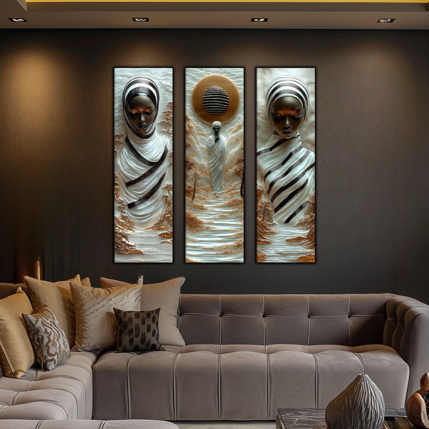 Set Tablouri pt Decorul Elegant al Livingului - 3 Tablouri pe Sticla - Veil of Serenity NO08