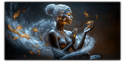 Figură feminină argintie cu fluturi și particule aurii pe fond albastru – tablou pe sticlă securizată Beyond | Art Zen