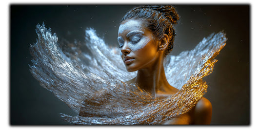 Portret feminin auriu cu aripi de cristal alb și argint pe fond albastru-antracit – tablou pe sticlă securizată Beyond | Art Zen