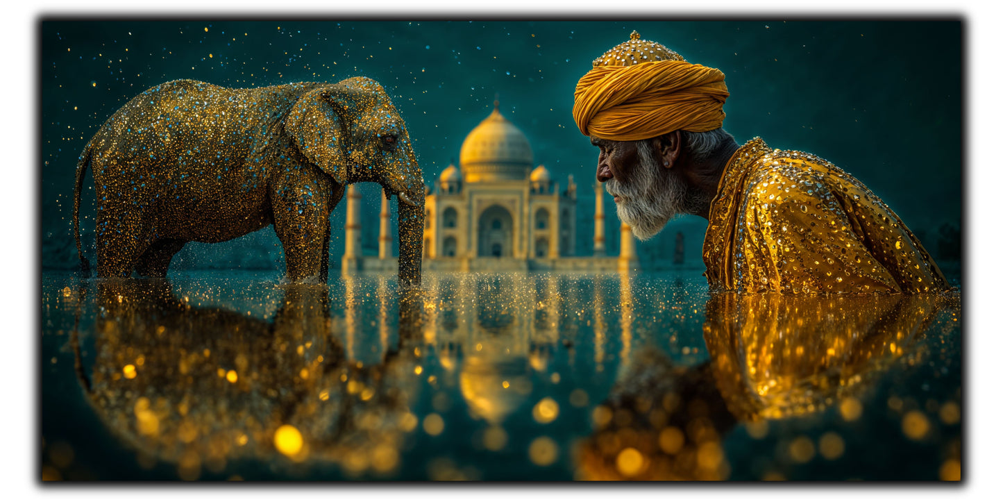 Tablou Beyond the Sacred Art Zen cu elefant și templu indian auriu într-un interior minimalist