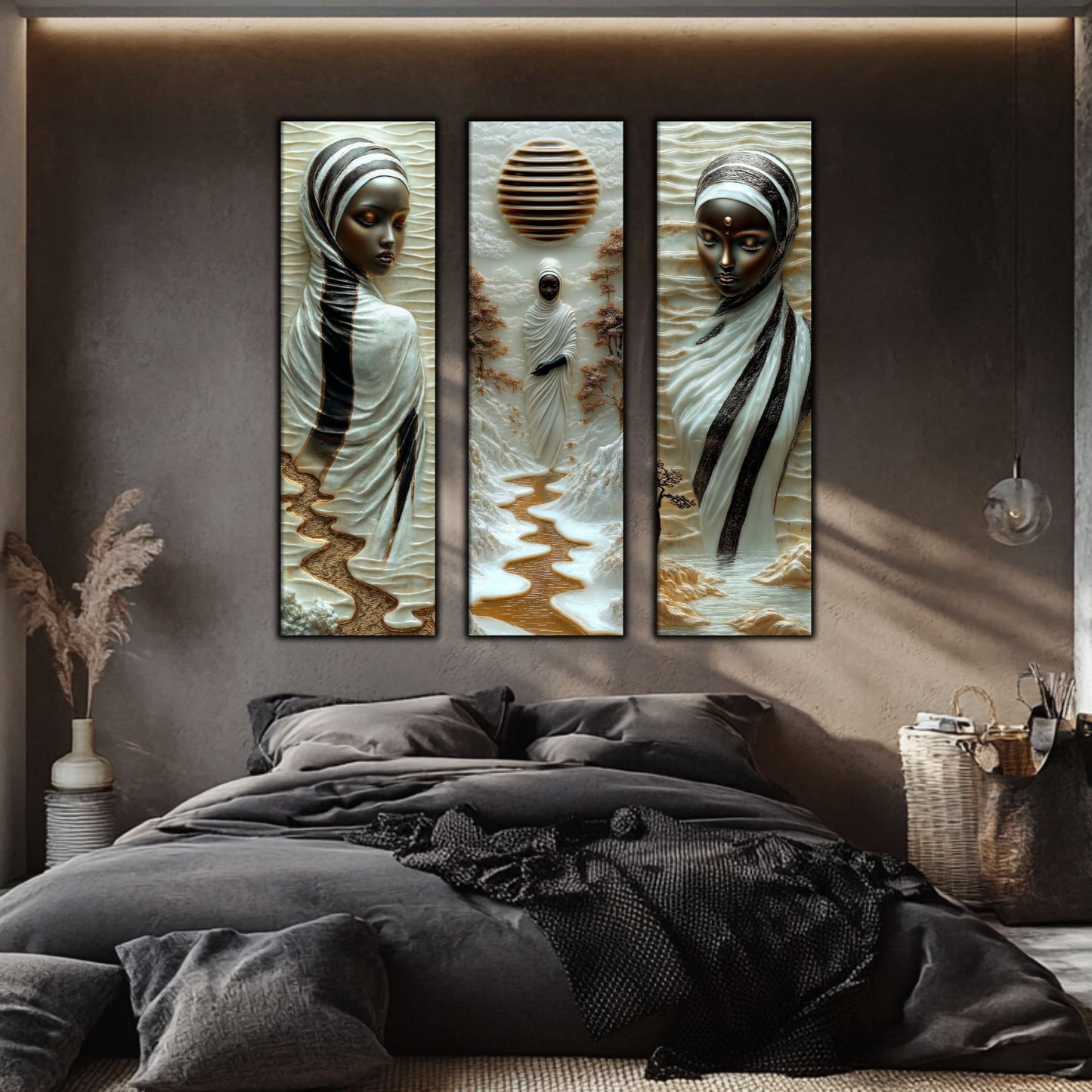 Set Tablouri pt Decorul Elegant al Livingului - 3 Tablouri pe Sticla - Veil of Serenity NO05