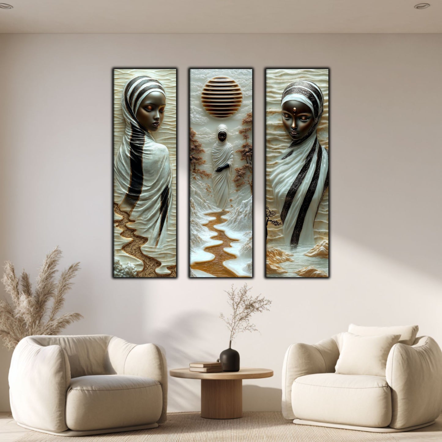 Set Tablouri pt Decorul Elegant al Livingului - 3 Tablouri pe Sticla - Veil of Serenity NO05