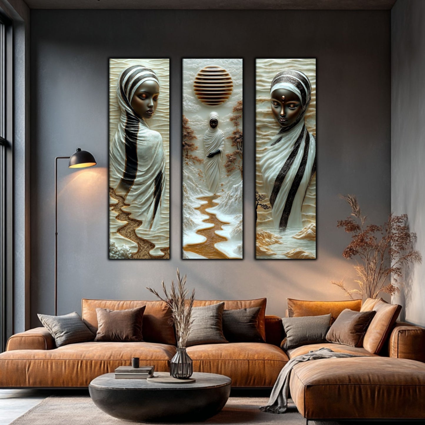 Set Tablouri pt Decorul Elegant al Livingului - 3 Tablouri pe Sticla - Veil of Serenity NO05