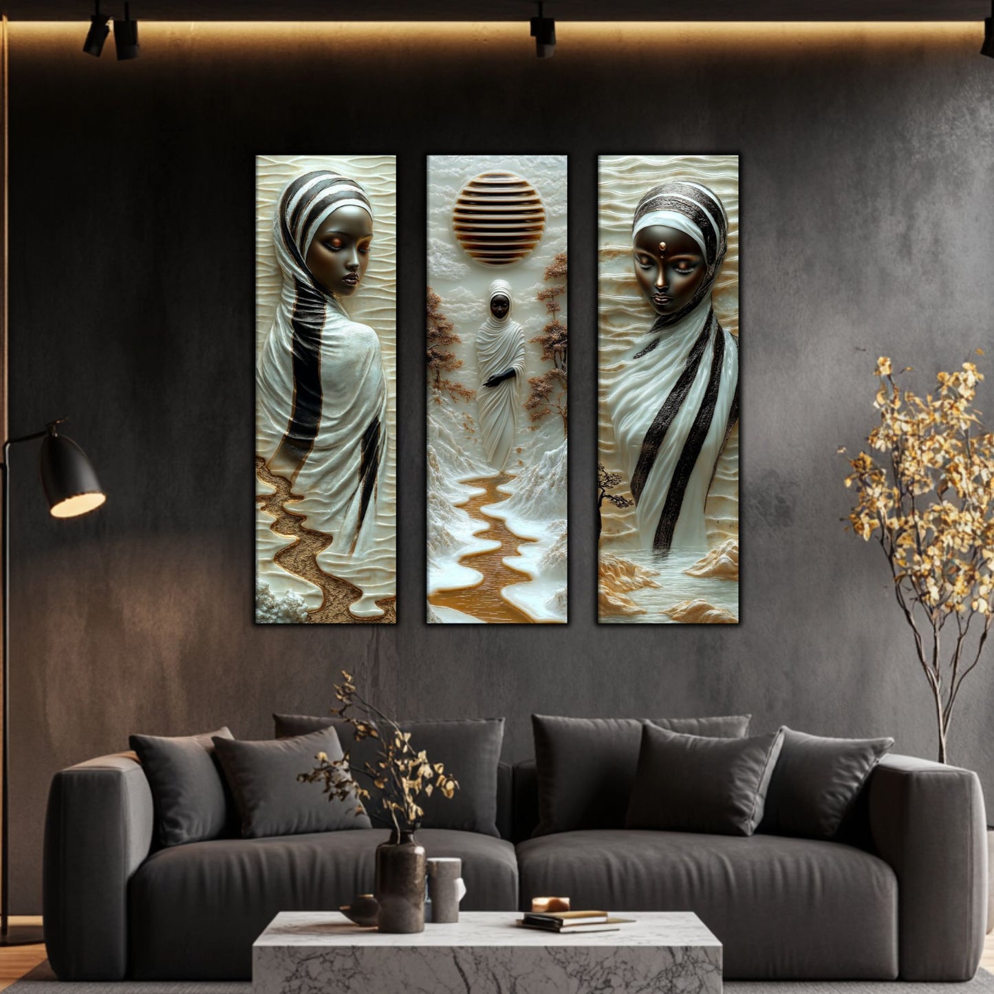Set Tablouri pt Decorul Elegant al Livingului - 3 Tablouri pe Sticla - Veil of Serenity NO05