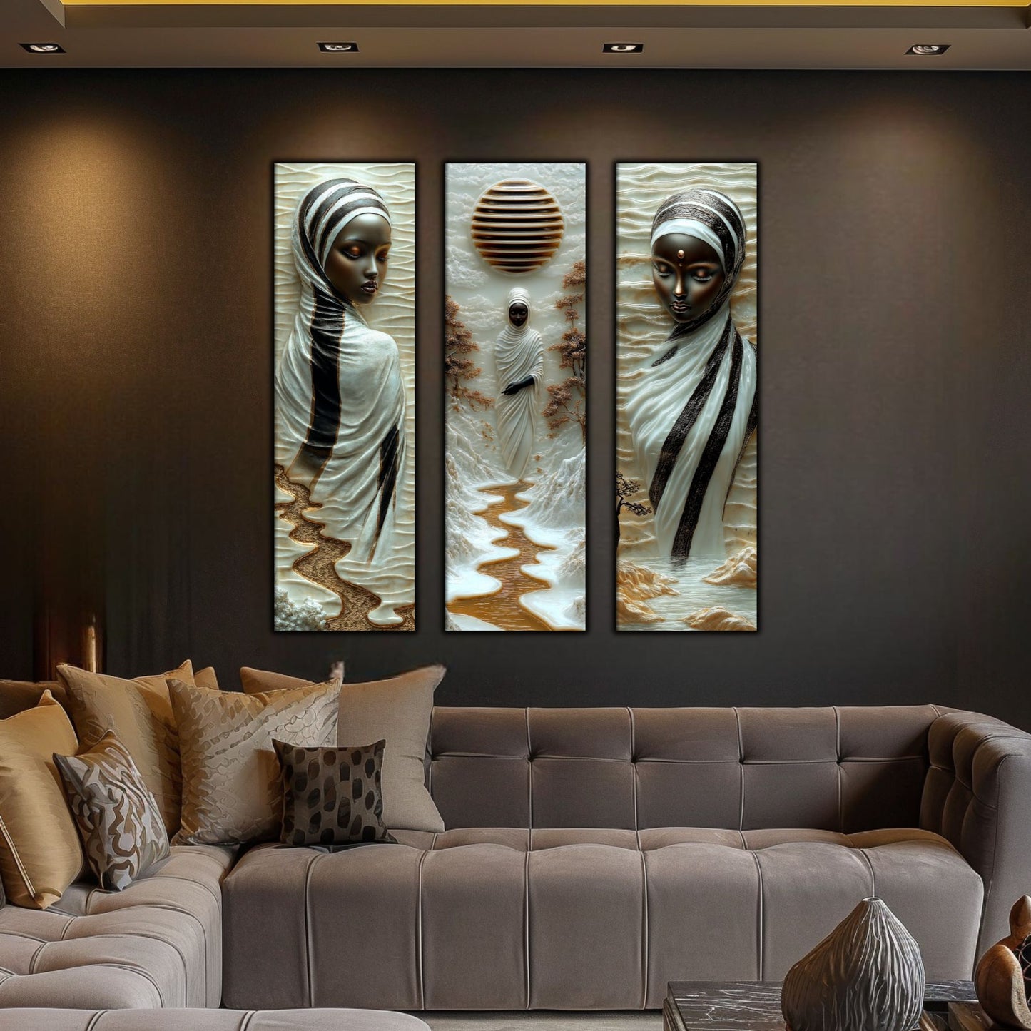 Set Tablouri pt Decorul Elegant al Livingului - 3 Tablouri pe Sticla - Veil of Serenity NO05