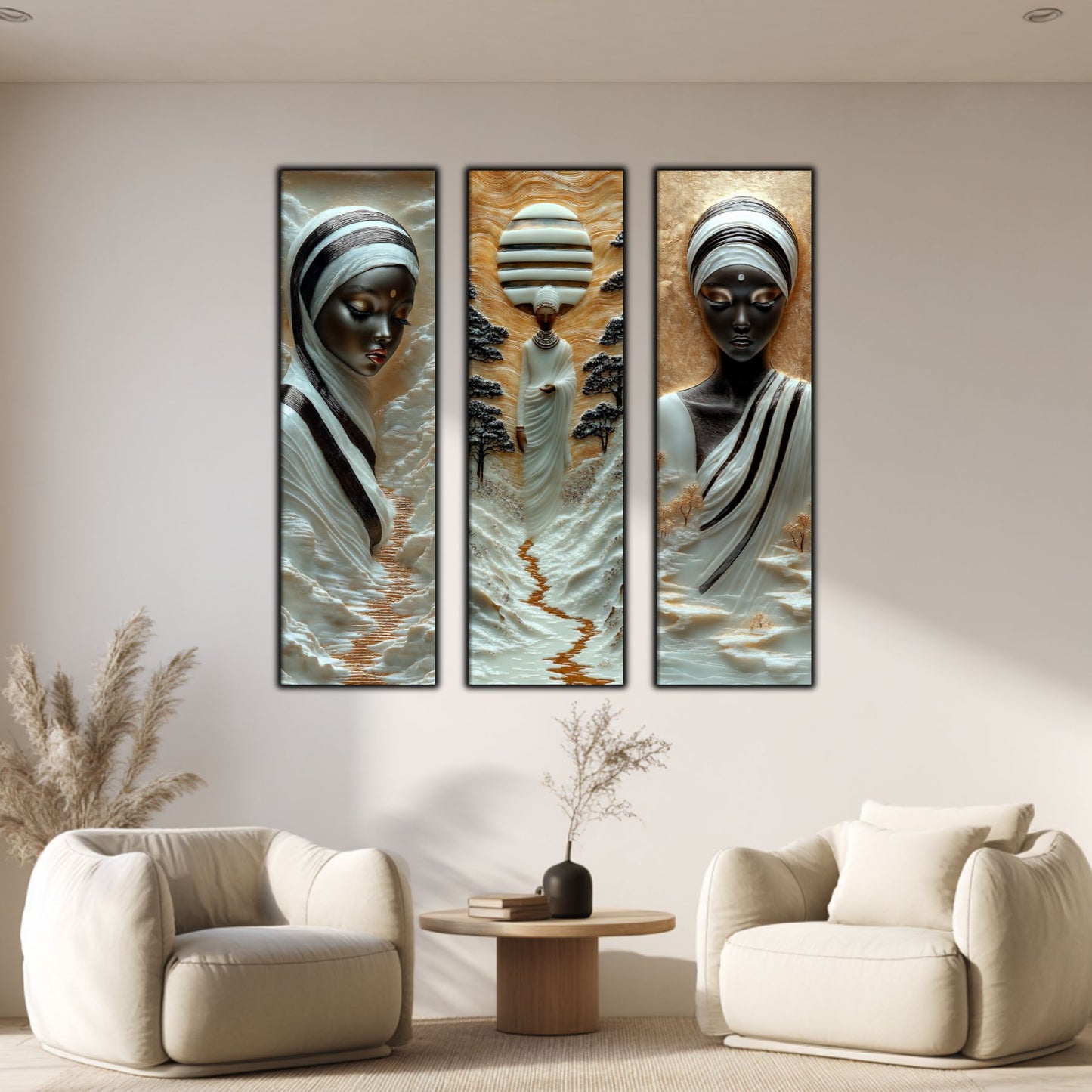 Set Tablouri pt Decorul Elegant al Livingului - 3 Tablouri pe Sticla - Veil of Serenity NO03