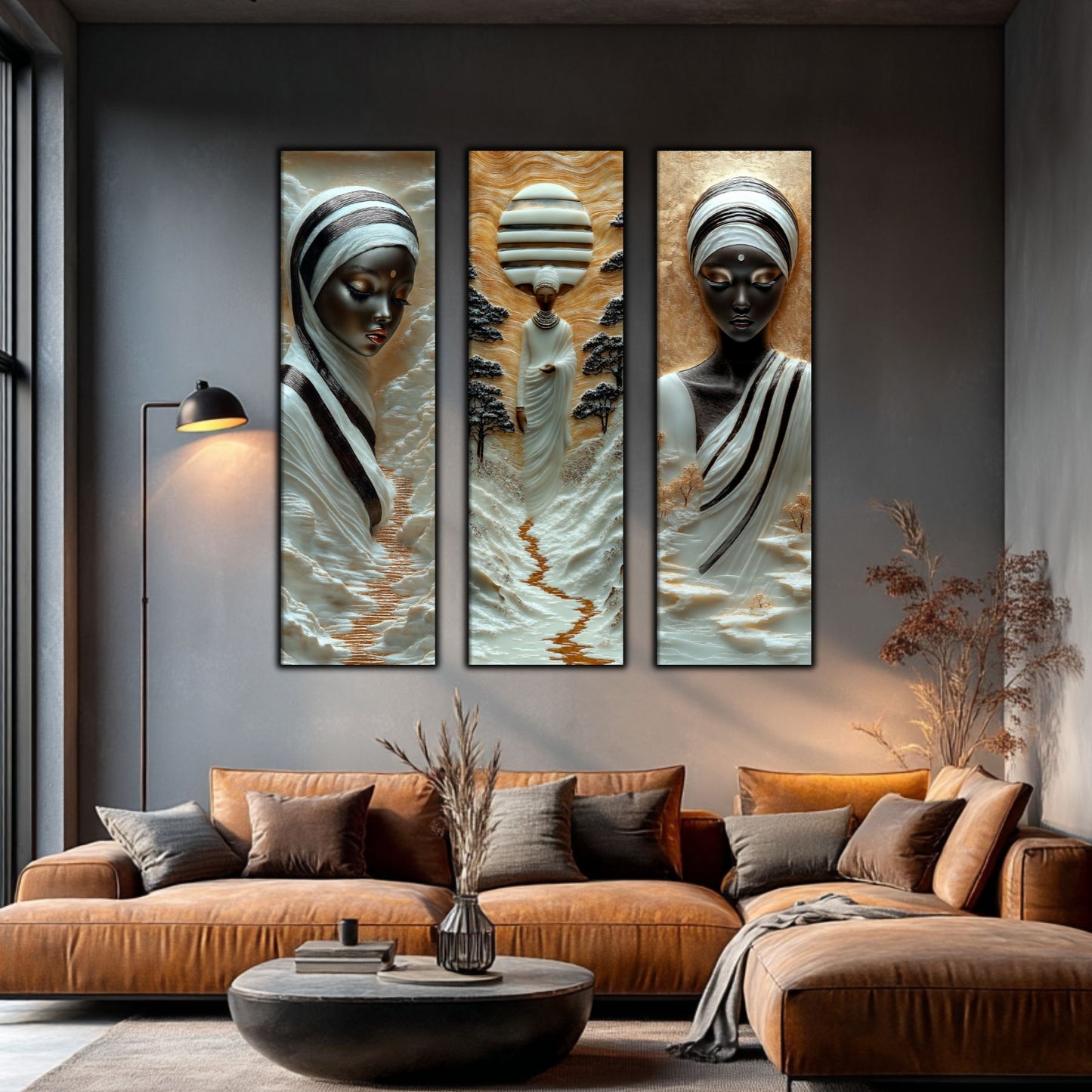 Set Tablouri pt Decorul Elegant al Livingului - 3 Tablouri pe Sticla - Veil of Serenity NO03