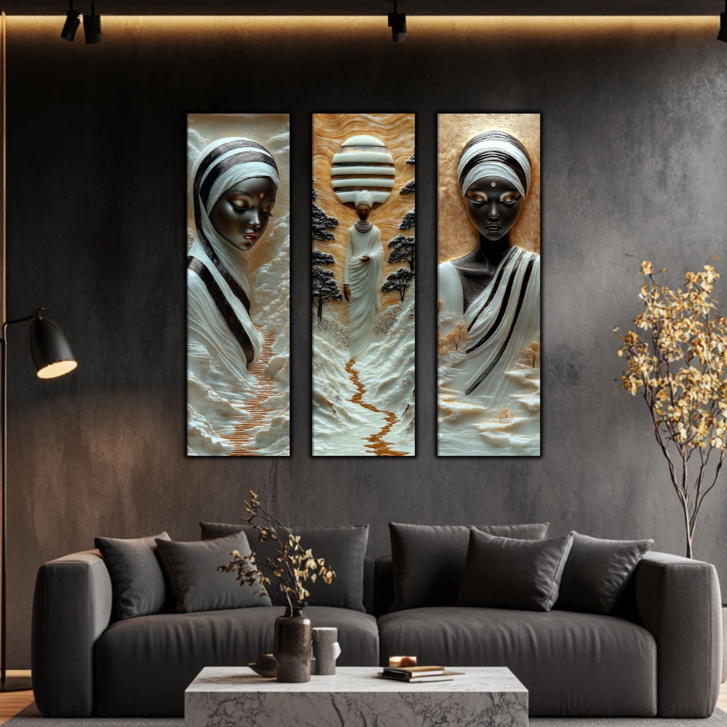Set Tablouri pt Decorul Elegant al Livingului - 3 Tablouri pe Sticla - Veil of Serenity NO03