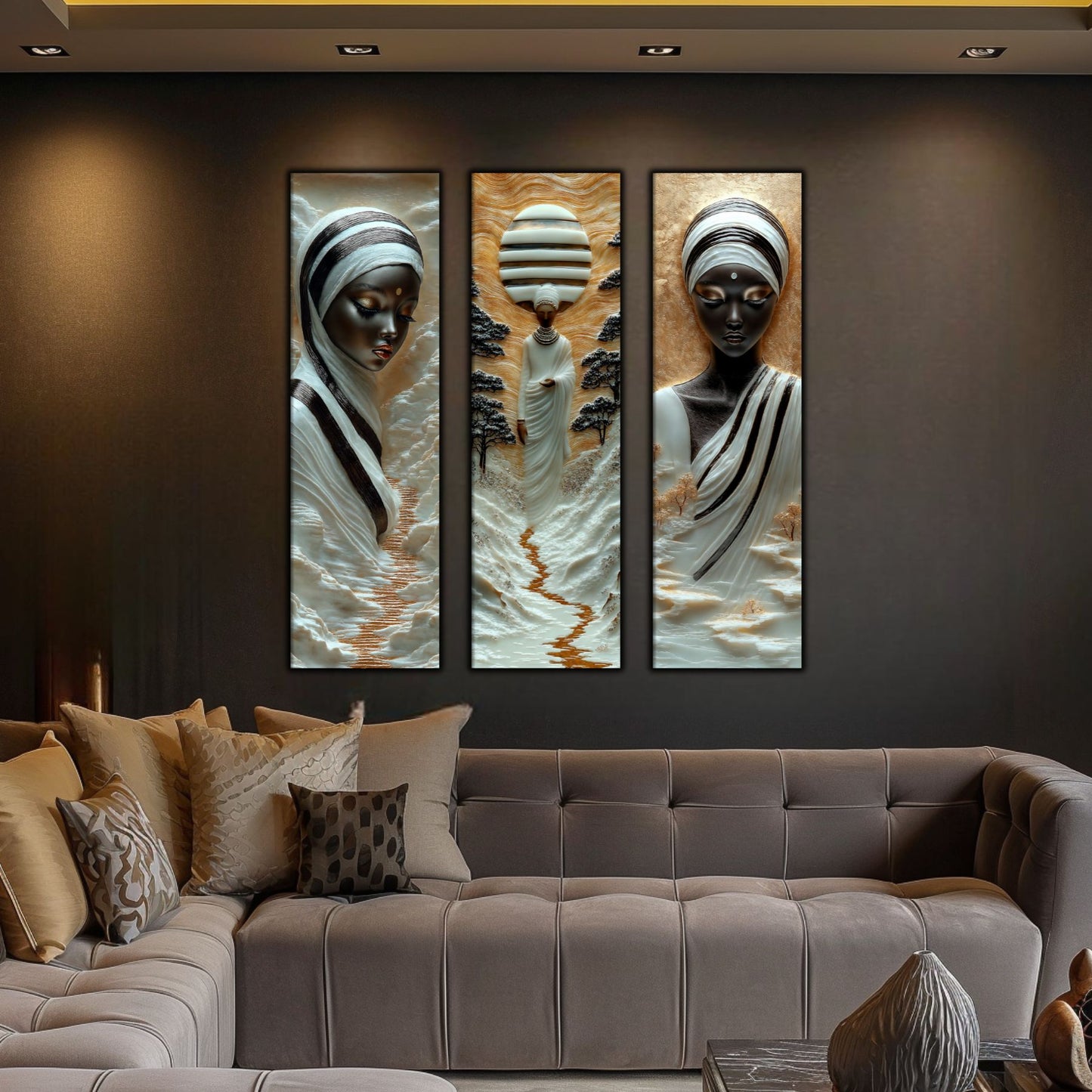Set Tablouri pt Decorul Elegant al Livingului - 3 Tablouri pe Sticla - Veil of Serenity NO03