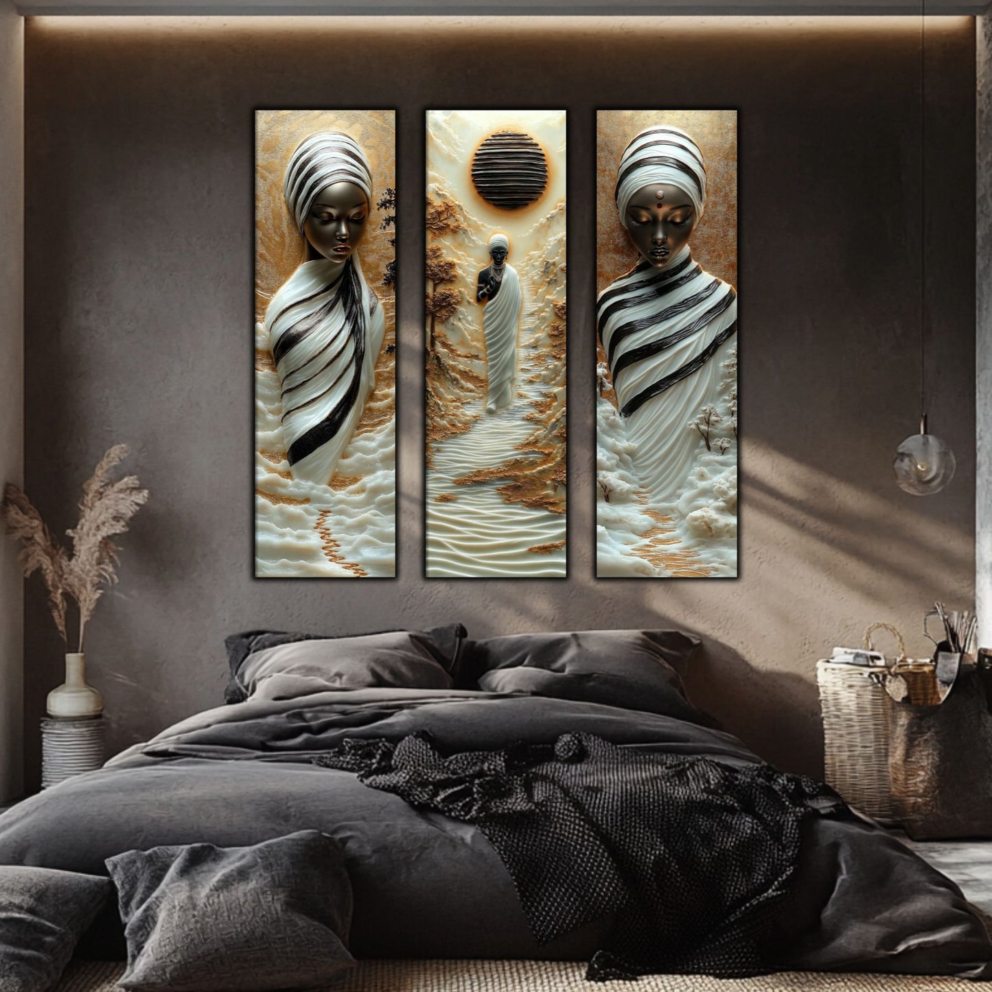 Set Tablouri pt Decorul Elegant al Livingului - 3 Tablouri pe Sticla - Veil of Serenity NO06