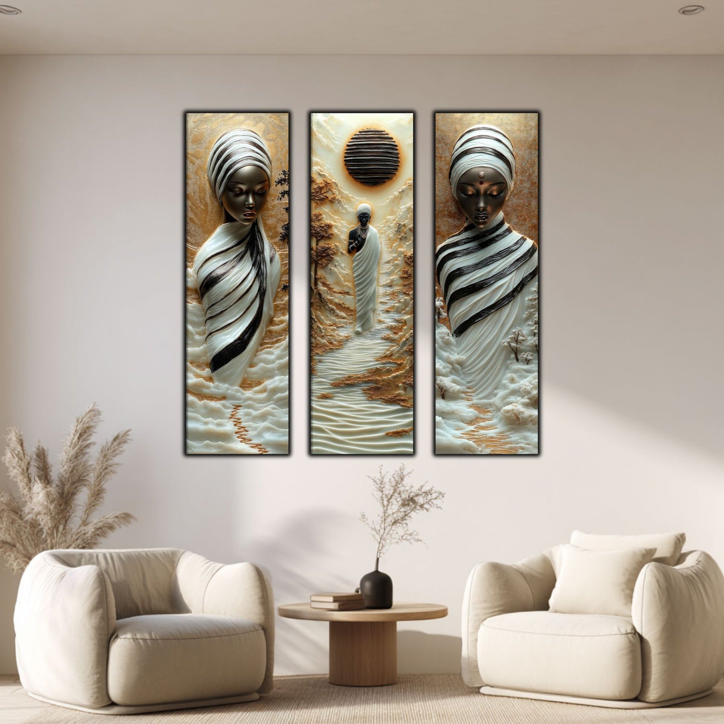 Set Tablouri pt Decorul Elegant al Livingului - 3 Tablouri pe Sticla - Veil of Serenity NO06