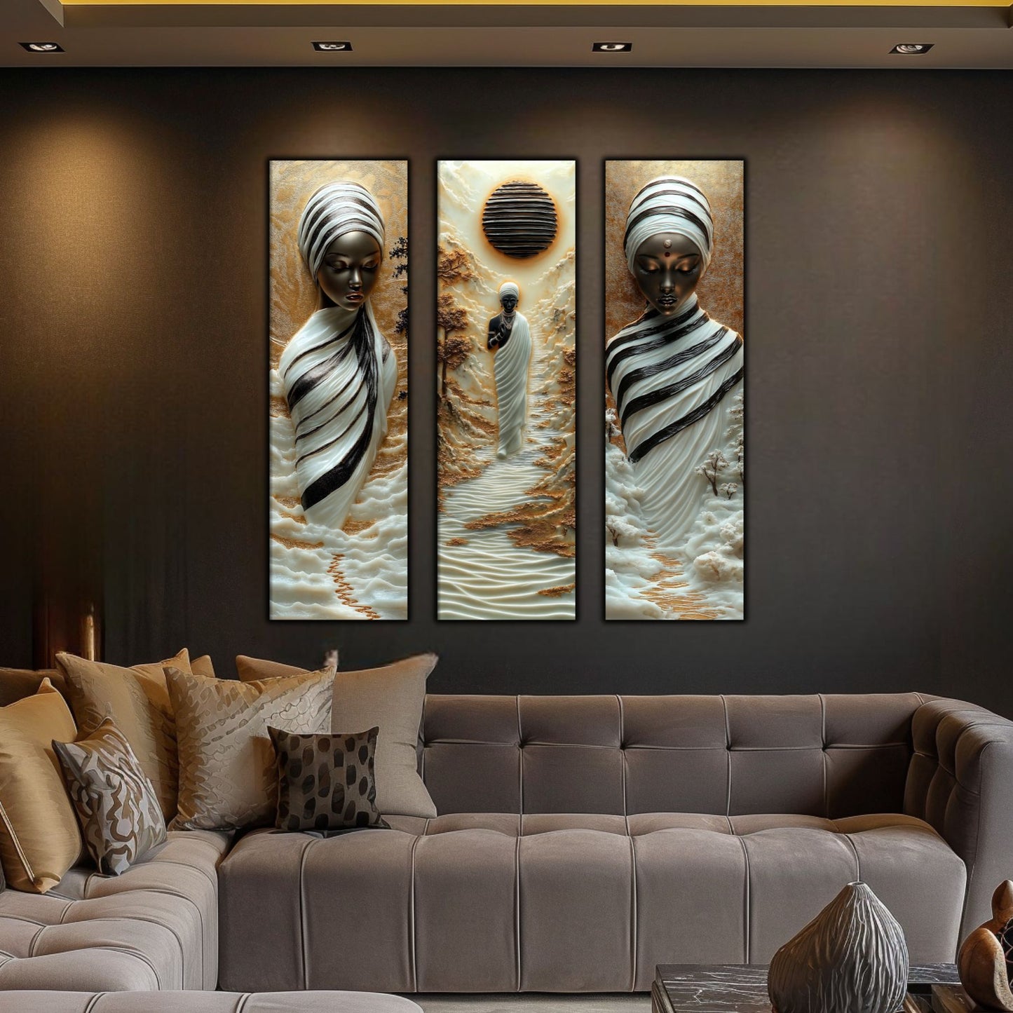 Set Tablouri pt Decorul Elegant al Livingului - 3 Tablouri pe Sticla - Veil of Serenity NO06