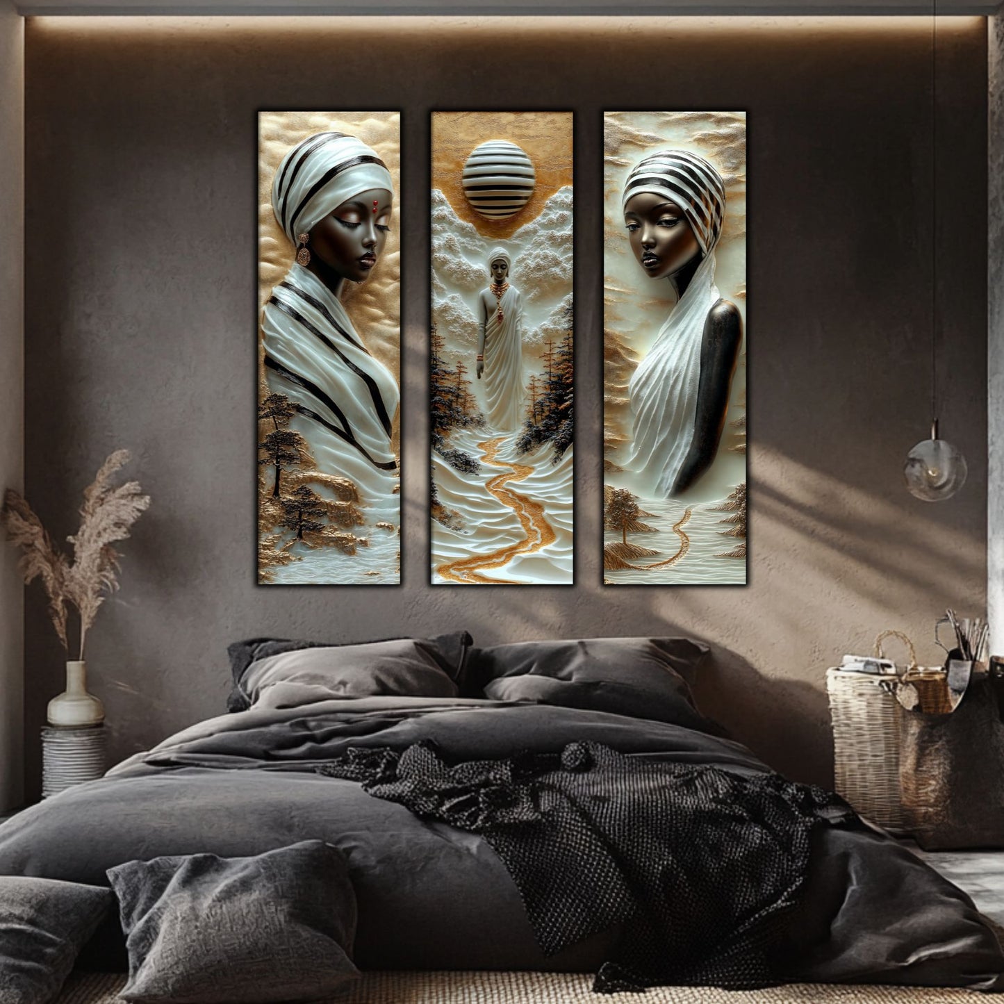 Set Tablouri pt Decorul Elegant al Livingului - 3 Tablouri pe Sticla - Veil of Serenity NO04