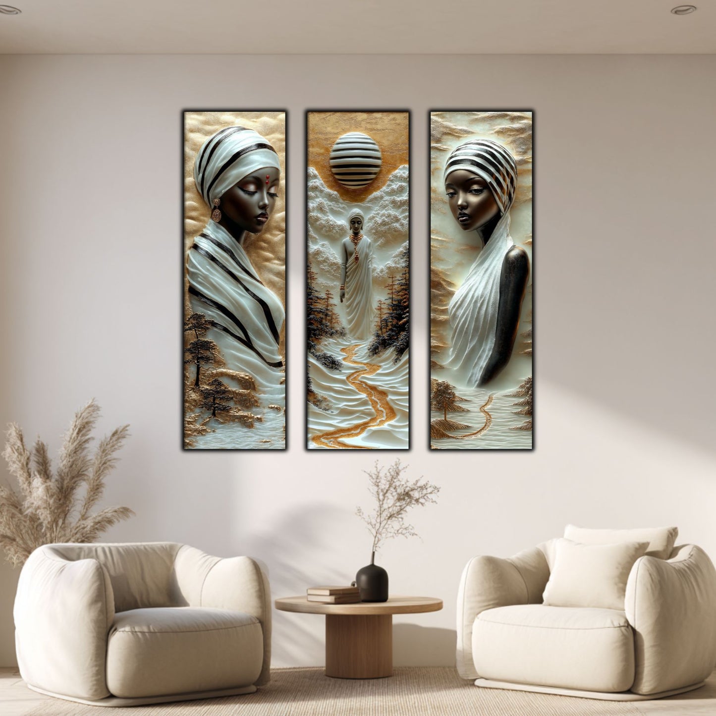 Set Tablouri pt Decorul Elegant al Livingului - 3 Tablouri pe Sticla - Veil of Serenity NO04