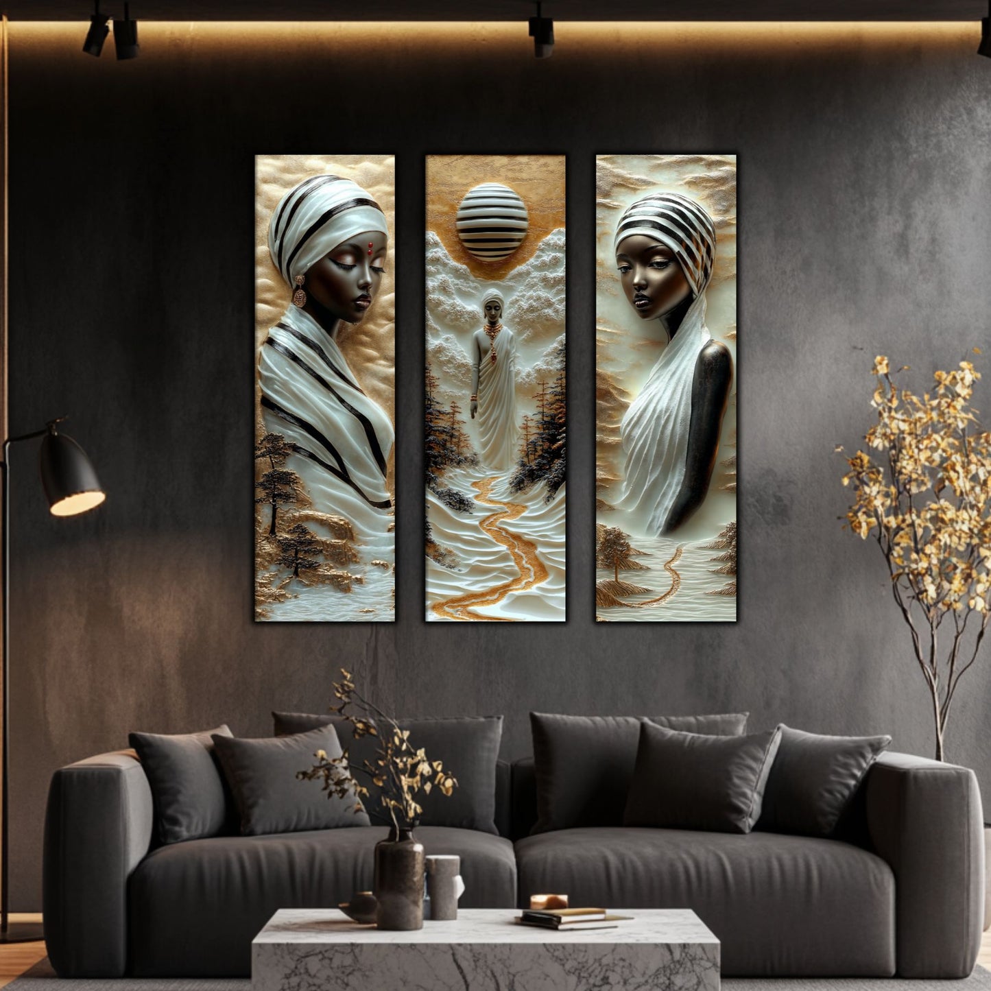 Set Tablouri pt Decorul Elegant al Livingului - 3 Tablouri pe Sticla - Veil of Serenity NO04