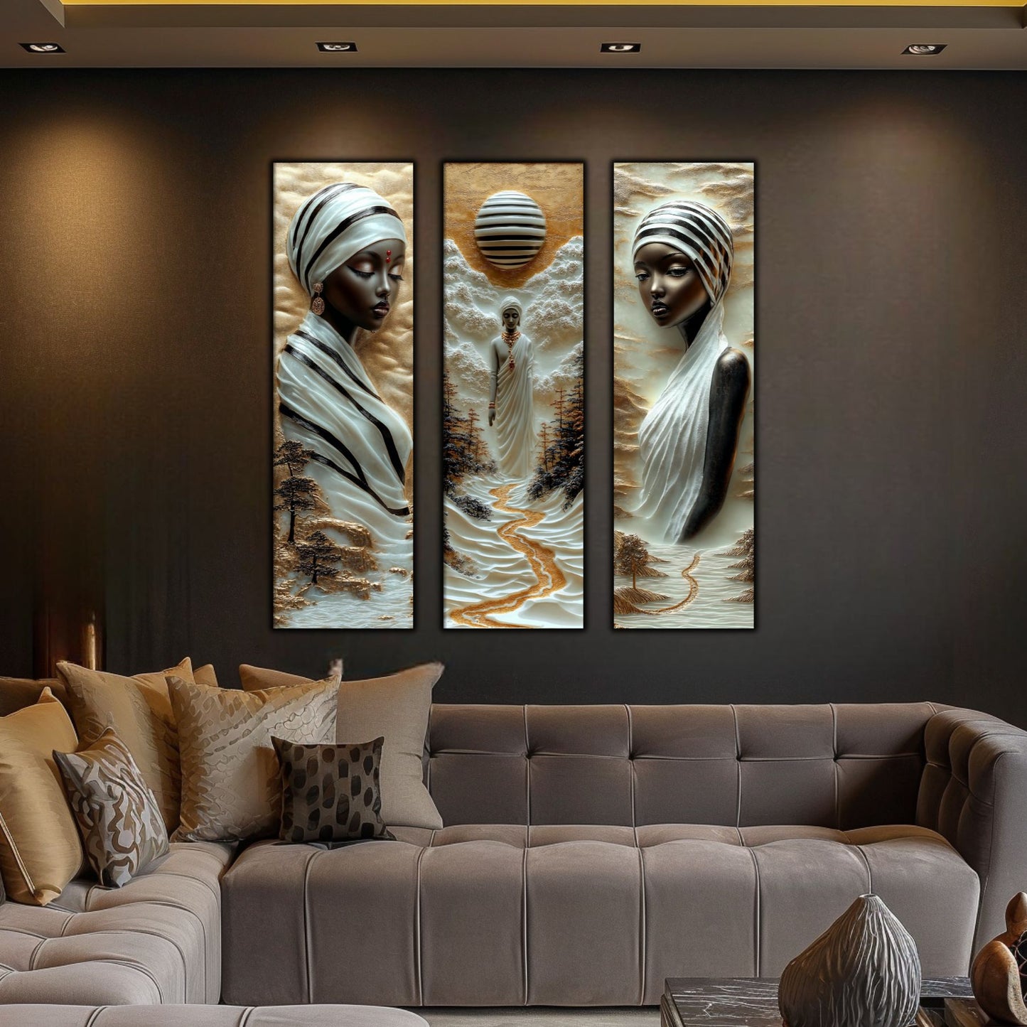 Set Tablouri pt Decorul Elegant al Livingului - 3 Tablouri pe Sticla - Veil of Serenity NO04