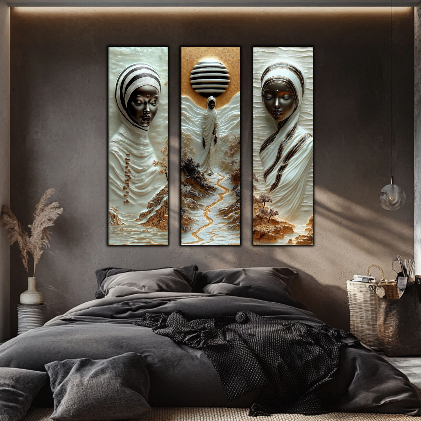 Set Tablouri pt Decorul Elegant al Livingului - 3 Tablouri pe Sticla - Veil of Serenity NO07