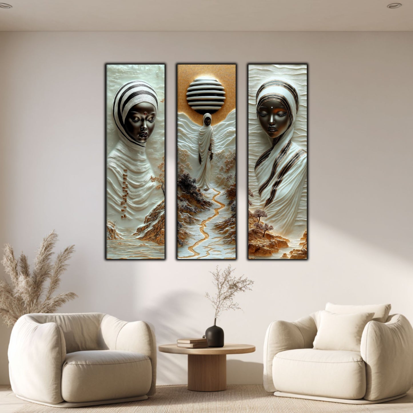 Set Tablouri pt Decorul Elegant al Livingului - 3 Tablouri pe Sticla - Veil of Serenity NO07