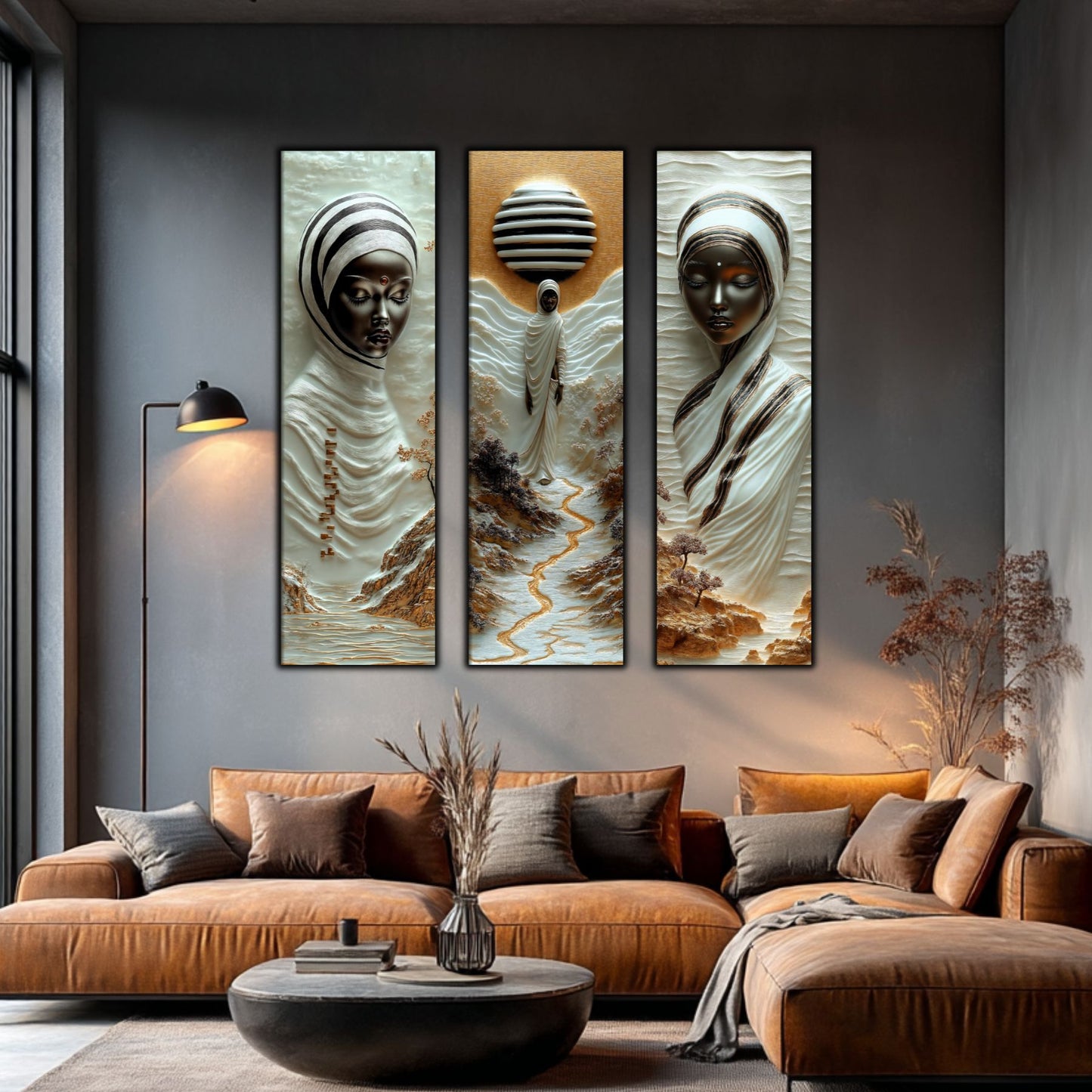 Set Tablouri pt Decorul Elegant al Livingului - 3 Tablouri pe Sticla - Veil of Serenity NO07