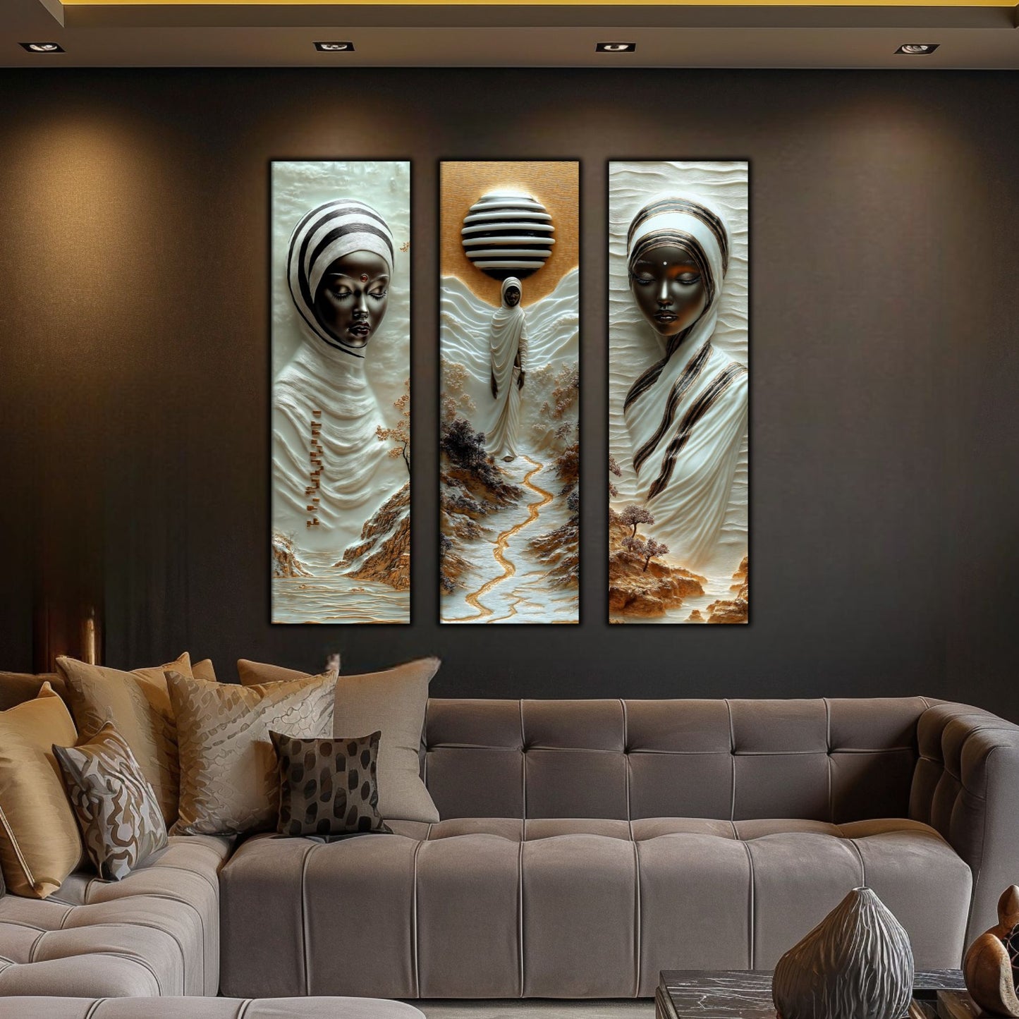 Set Tablouri pt Decorul Elegant al Livingului - 3 Tablouri pe Sticla - Veil of Serenity NO07