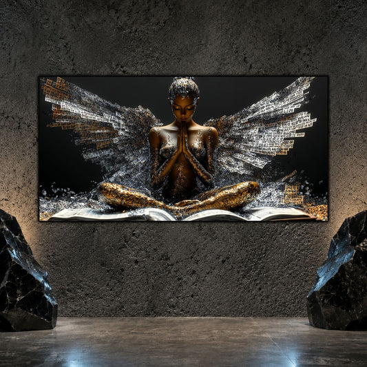 Tablou decorativ living Sanctuarul Cuvintelor, palme împreunate, cărți și aripi auriu-argintii, pe perete mineral închis.