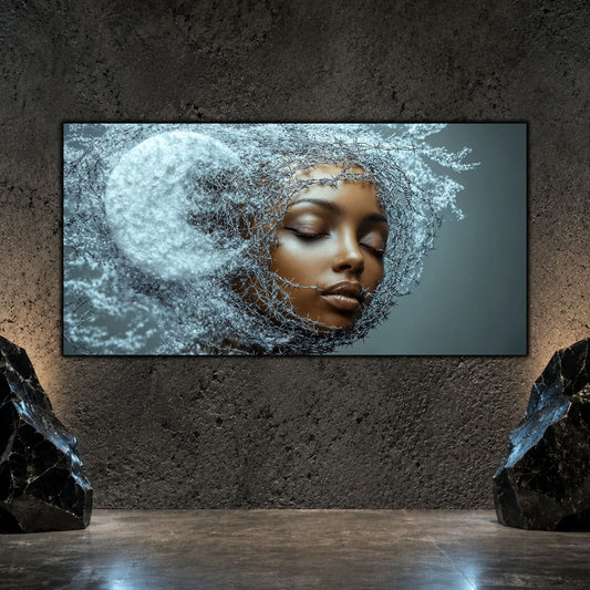 Tablou decorativ living Visul Lunii, portret înconjurat de ramuri cristaline și disc lunar, pe perete mineral închis.