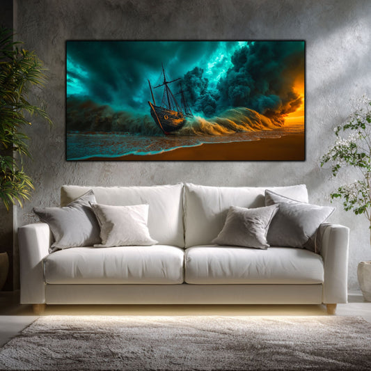 Tablou Sticla Securizata Fractura Destinului: Corabia Zdrobita sub Cerul de Foc | Editie Unicat