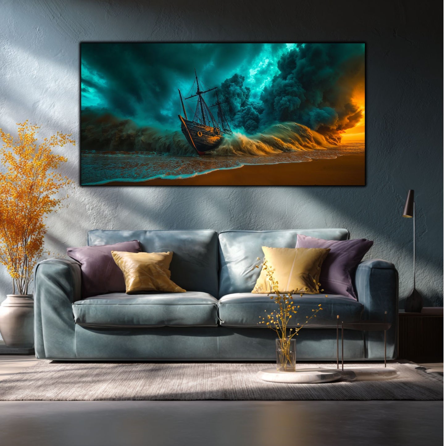 Tablou Sticla Securizata Fractura Destinului: Corabia Zdrobita sub Cerul de Foc | Editie Unicat